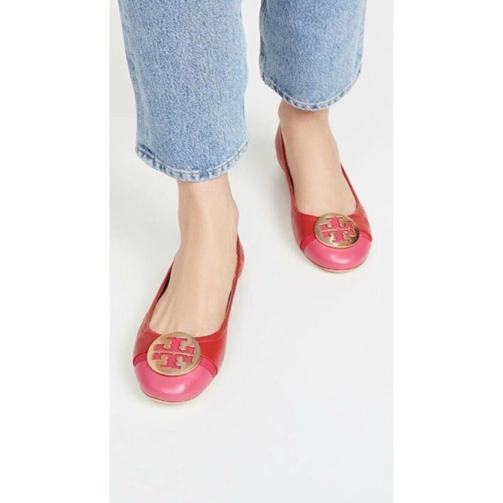 New Tory Burch Red Pink Gold Minnie Cap Toe Travel Ballet Flat